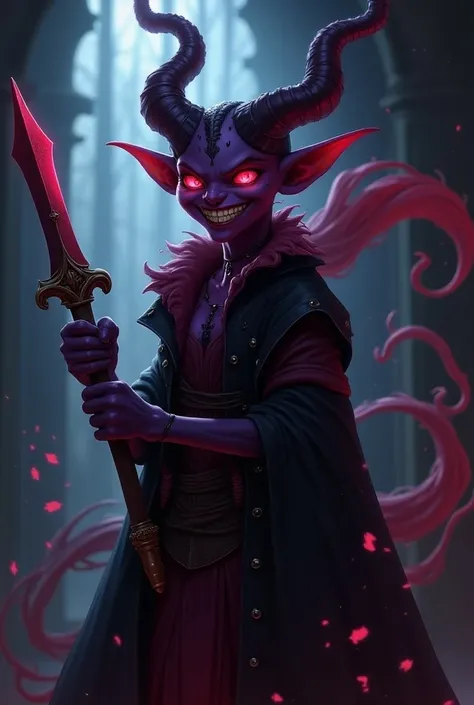 
Smiling and charismatic hexblade tiefling With purple skin and Red eyes 