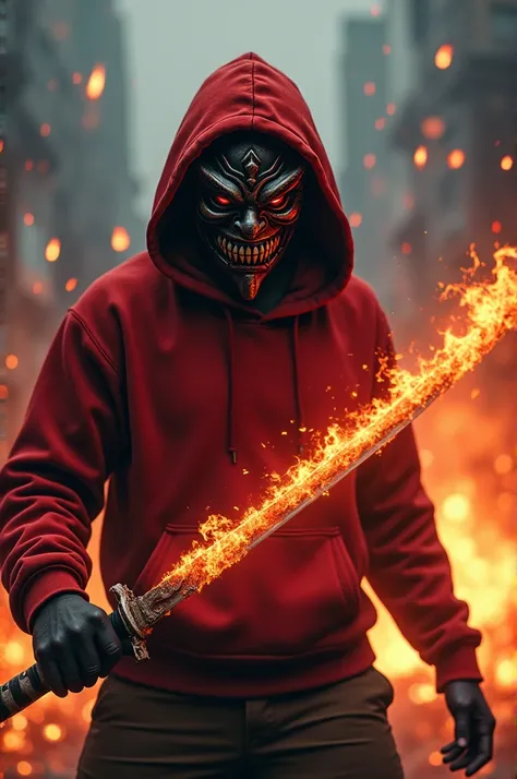 generate image, hacker ANONYMOUS ,  hes wearing a red hoodie ,   wears a red demonic samurai mask,  with big, sharp teeth , her hoodie is on fire ,  she holds a flaming sword in her hand ,  all around her only chaos and explosions . 4K Ultra HD 