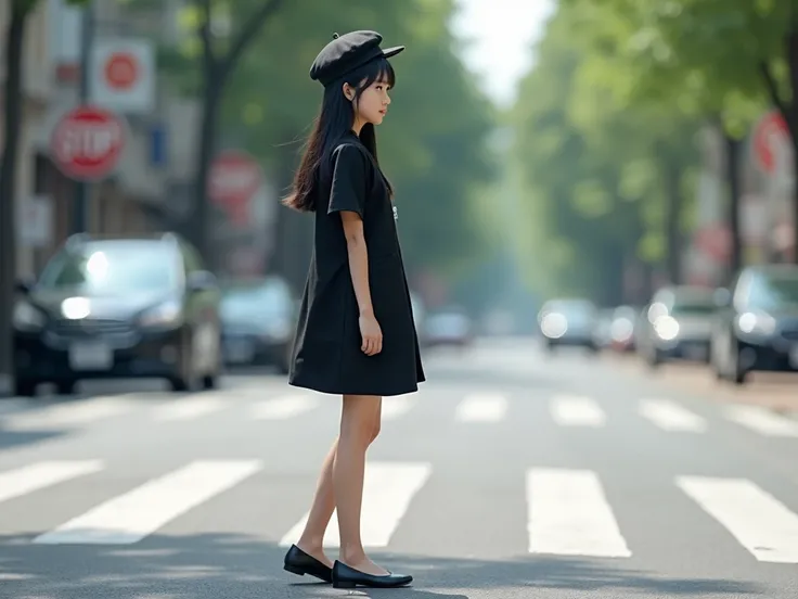 A petite, college girl with East Asian features, long, straight black hair, and a cute, stylish hat that complements her simple black college outfit. She is wearing black shoes with no stockings, standing at a street corner and looking across the street wi...