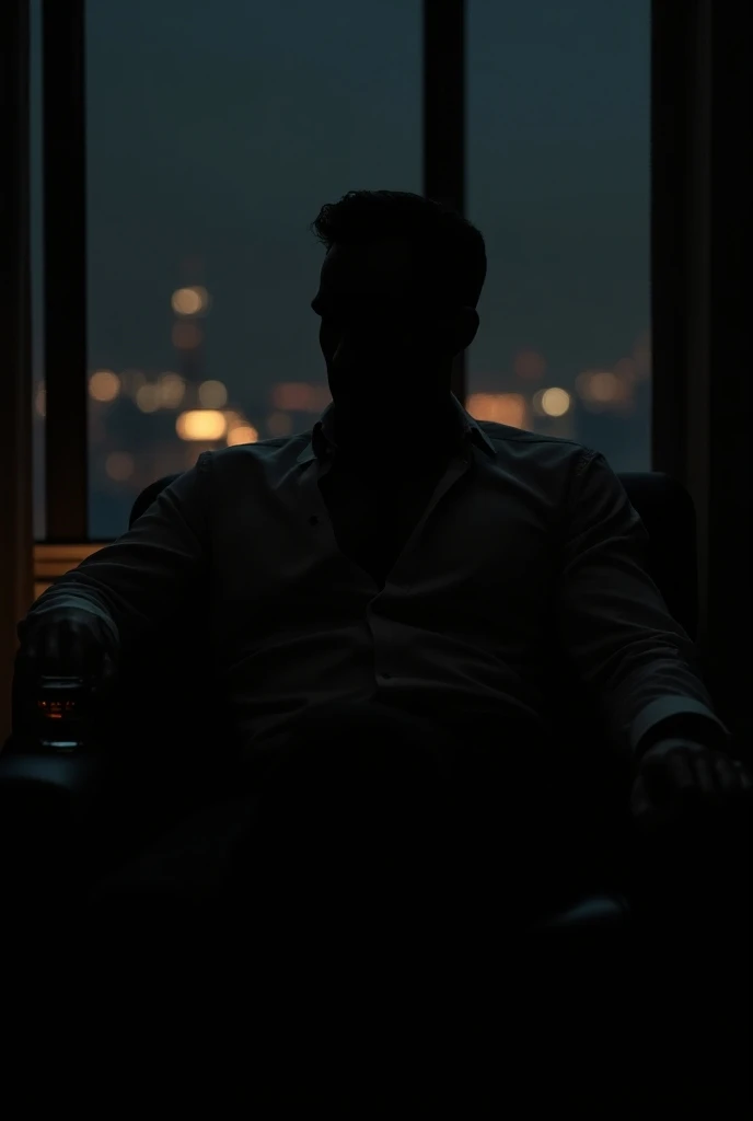  Silhouette of a tall man  , very attractive,   with wide shoulders , 28 years old,  in his luxumallucom room with low lighting sitting in an armchair facing large windows, white shirt with open buttons looking out into the dark of night with a glass of wh...