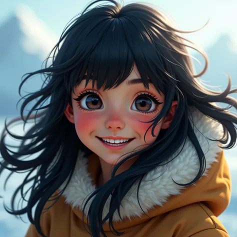 tanned eskimo girl, black hair, hair bang, windy, hood, (close shot), smilling