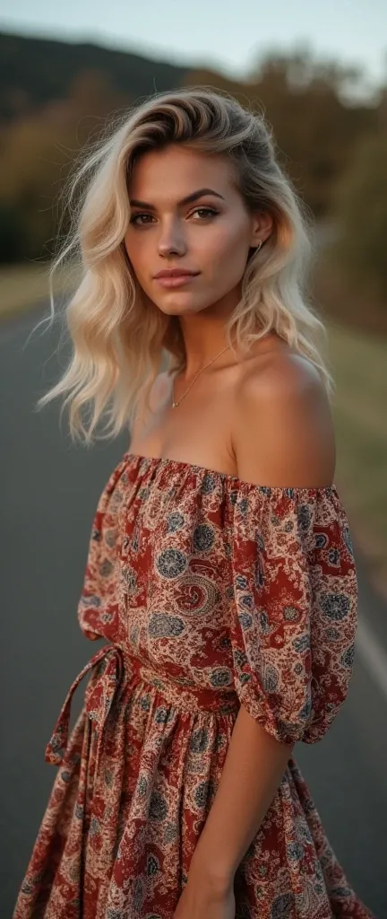 (RAW Photo), DSLR,F/1.2,  a young woman 30 years old wearing Paisley print off-the-shoulder top and flowy maxi skirt ,at the  location,nettop,buzz-cut,blond wavy hair,realistic skin, skin imperfections, (real skin:1.1), ((tan skin)), (detailed skin), stunn...