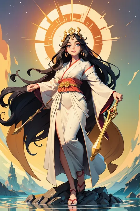 Best quality, masterpiece, high quality, detailed beautiful face, (detailed beautiful eyes), full-body shot, "Depict Amaterasu, the radiant and powerful goddess of the sun from Japanese mythology, as a full-body, standing figure with long, flowing black ha...