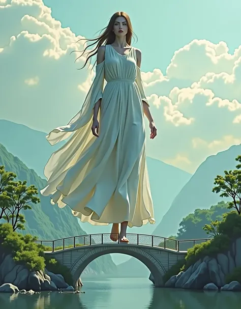 giant girl walking on a tiny bridge