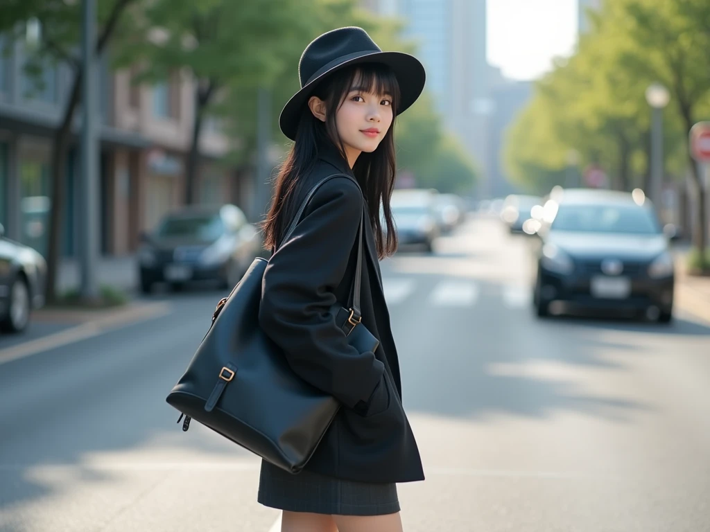 A petite college girl with East Asian features, long, straight black hair, and a cute, stylish hat that complements her simple black college outfit. She has a naturally soft build (not slender) and carries a non-black book bag in a complementary color that...