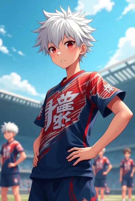 An anime  wearing a white-haired Japanese team jersey
