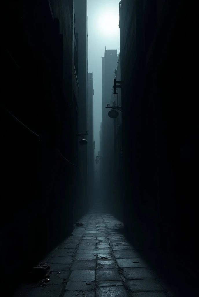 Dark alley between black building under moonlight

