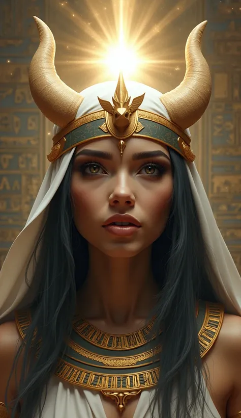  Egyptian goddess woman with the white crown, a star,  the uraeus and two allied horns , or with two feathers .