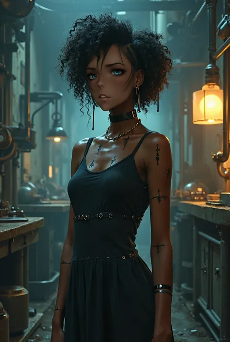 African American girl, art style of Arcane on Netflix or League of Legends, Frankenstein stitching on her face and body, dark skin, black curly hair, short hair, simple shift dress, steampunk, in a lab