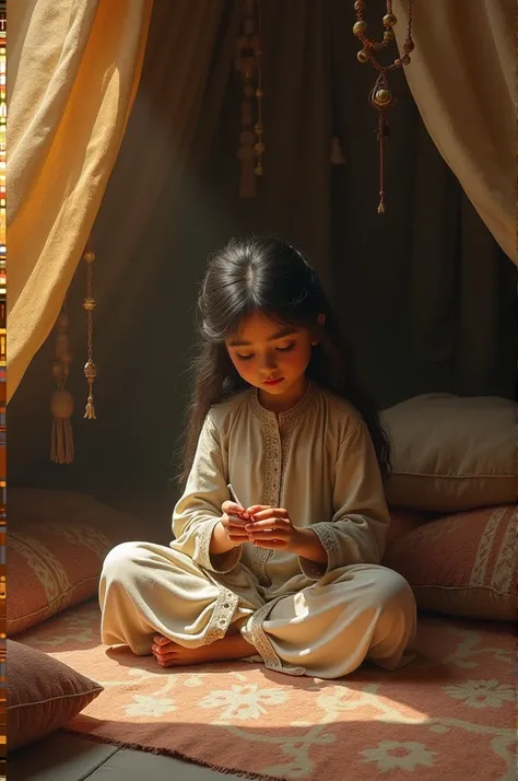 An Arab girl in an old dress sits inside a tent on pillows while looking at her fabric