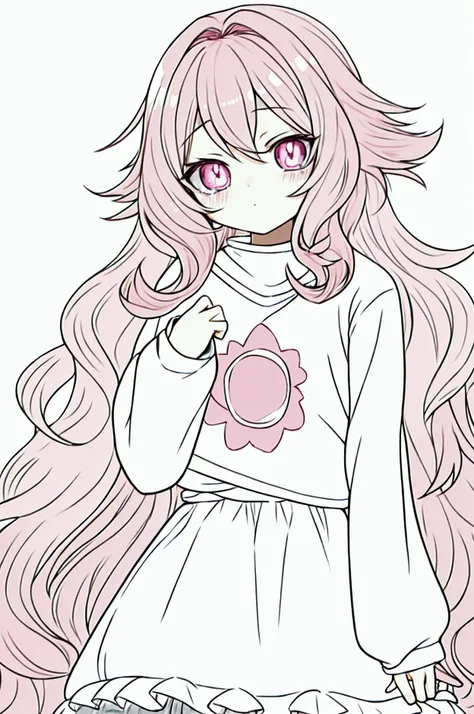  Adorable anime boy with fluffy and wavy voluminous pink hair,  light pink eyes ,  wears a cute white sweatshirt with long sleeves , light skin. adorable, soft colors. Cute features .  chibi. anime.