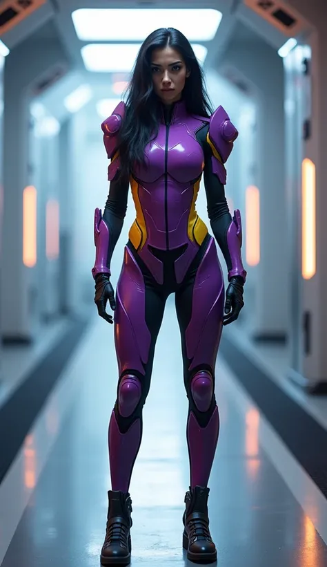  full body shot. a futuristic female character wearing a sleek, form-fitting purple and yellow combat suit that emphasizes her silhouette. She stands confidently in a high-tech environment with soft, glowing lights in the background, conveying a sense of s...