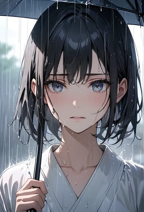 Upper body close-up（((masterpiece), on)"Perfect face, short black hair, wet hair, beautiful eyes, Japanese, clean facial features, standing in the rain, holding an umbrella, confessing with a slightly anxious expression. Wet hair falls across her face, wit...