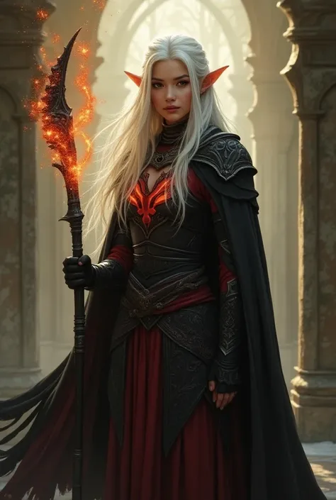 Draw an Elven Warrior. Beautiful,  athletic , the face of a wise woman who looks about 40 years old,  long white hair , , some of them are gathered in a scythe . Pointed and long ears like an elf. Глаза glow золотистой магией.  She is dressed in black and ...