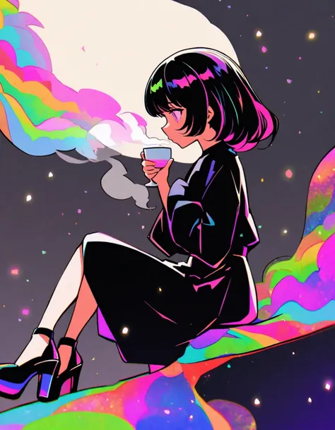 (Psychedelic Noir) Girl with old school hair, basic black dress, platform heels, sitting in profile with legs crossed, drinking a cup of coffee steaming out, Christmas