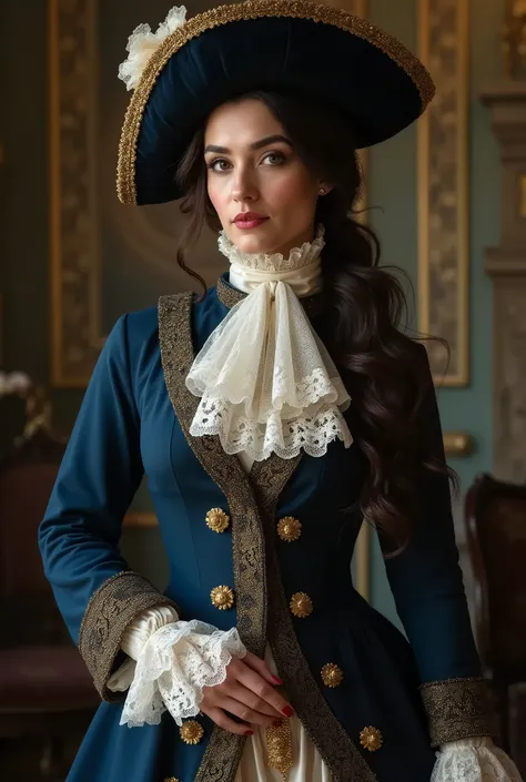 Mysterious beautiful brunette woman, (((hourglass figure))), (((massive breasts))) dressed in 1710s Mens Versailles Mens costume. rapier in a gold sheath on the side. Historical rococo costume with a dark blue tailcoat, ,lace cuffs, a large lace jabot-neck...