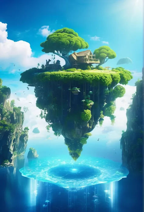 sinister futuristic floating island suspended in the air, cities, fantasy, (villain hideout), (kawaii), cute, cute, anime style,...