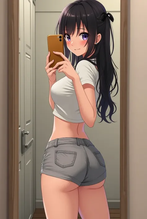 Anime style, A beautiful woman wearing shorts, butt mirror selfie