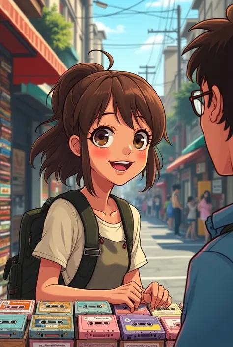 Make a girl with brown eyes and brown hair, approximately 18 years old, who is behind a man who sells tapes, that the girl is happy and the drawing is in the comic book style. 