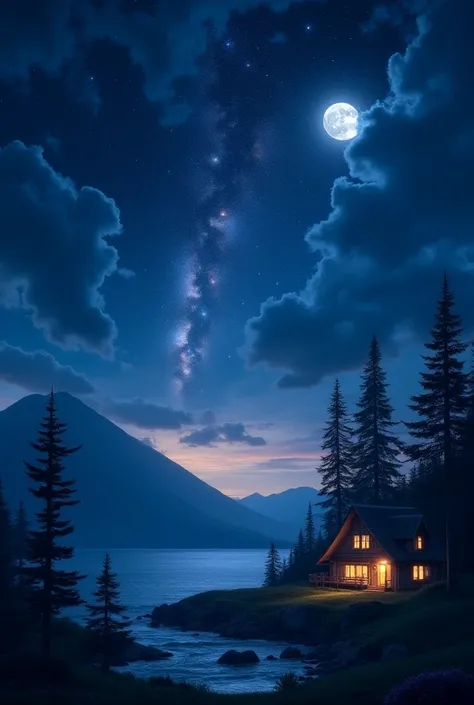 beach landscape, starry sky, nebulosa, bright moon, bright clouds, mountains in the distance,  Tall trees, cottages