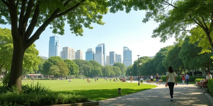 park with green area , trees,  buildings ,  people walking from a persons point of view