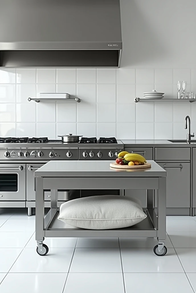 stainless steel industrial kitchen,  containing , stove, top table and bottom cloth 