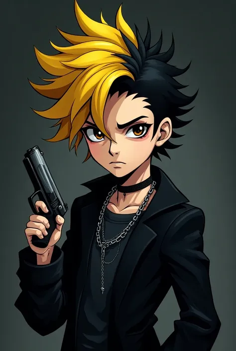  Boy with wavy hair half black and yellow cartoon,  gothic style chains around the neck and  .40 gun in hand  