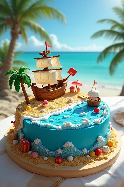 Make a cake with a round base with decoration from the anime one piece on a beautiful beach and that the decoration is divided in half between sea and beach