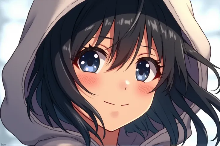 tanned eskimo girl, black hair, hair bang, windy, hood, (close shot), smilling, anime