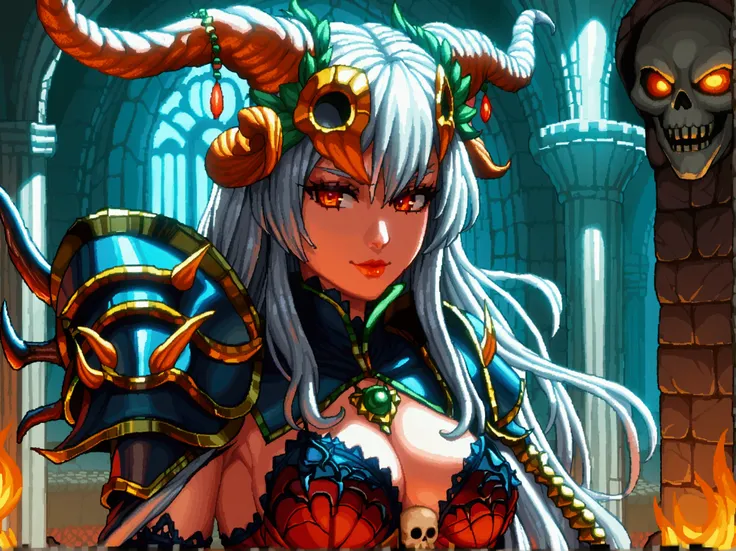 Woman pixel art, Diablo 2 style necromancer arcade game character, She is a human with long gray hair, his armor is made of bones, on his shoulder She has a large skull of a mythological animal, She is inside a crypt, castelvania style game playstation one...