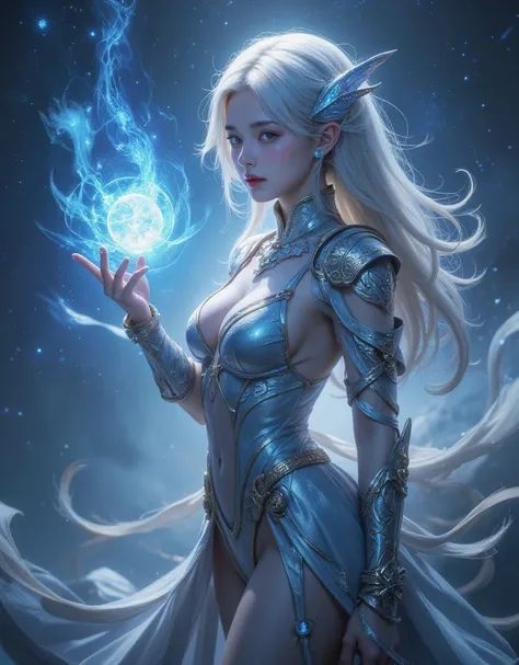 Arafad image of a woman holding a sword and a blue ball, Beautiful celestial mage, Super detailed fantasy characters, Epic Mage Girl Character, Epic and beautiful character art, a beautiful witch, 2. 5d cgi anime fantasy artwork, beautiful witch, Trending ...