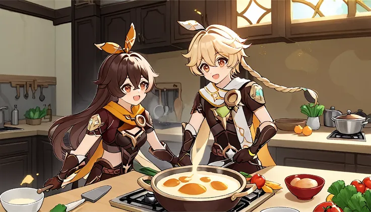 two people (aether and amber), genshin impact, cooking together, in the kitchen, cheerfully.