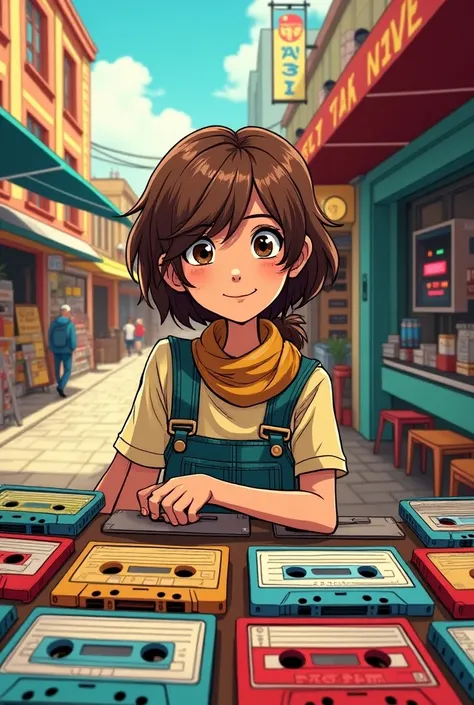 Make a girl with brown eyes and brown hair of approximately 18 years old who is behind a man who sells tapes that the girl is happy comic book style 