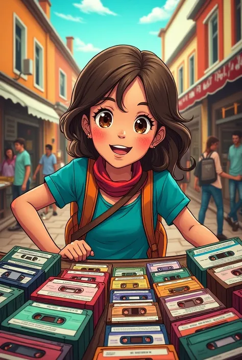 Make a girl with brown eyes and brown hair of approximately 18 years old who is behind a man who sells tapes that the girl is happy comic book style 