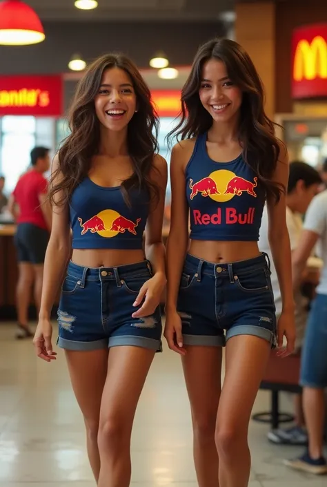 Two Latina girls, petite and slender with friendly smiles and youthful energy, dressed in stylish Red Bull girl outfits, walk into a McDonalds restaurant. Theyre laughing and sharing a moment of joy together, with bright, cheerful expressions. The McDonald...