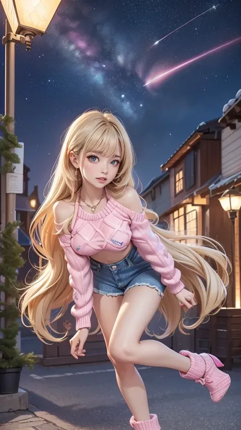 more absurd,  ultra-detailed,bright colour,(in 8k:1.3),masuter piece,extremely beautiful detailed face and eyes,8k,(Deep Blue Eyes:1.2),(Loose Size Pink Argyle Knit:1.4),(Short denim:1.2),Cute smile、Synchrosis Necklace、Stylish bracelets,Inside the boutique...