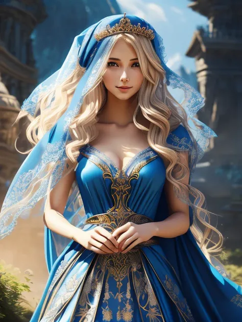 blond haired woman in blue dress with veil and veil over head, beautiful fantasy maiden, detailed fantasy art, beautiful fantasy art, blonde - haired princess, artgerm on artstation pixiv, beautiful maiden, ((a beautiful fantasy empress)), 2. 5 d cgi anime...