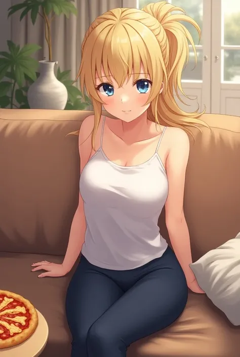 Young anime woman sitting on the sofa in a room, with long blonde hair with ponytail and blue eyes, wearing white tank top with thin straps and dark blue yoga pants, looking with smile, a pizza on the table nearby