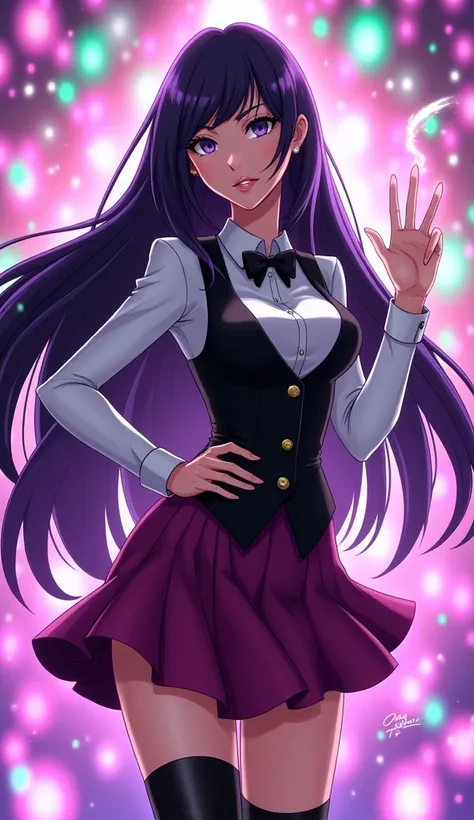 Zatanna from DC Super Hero Girls 2019, long purple hair, straight purple hair, sparkly purple hair, magical purple hair (Dark purple), Zatanna is a beautiful teenage girl with fair skin and a distinctive hourglass figure, thick light indigo hair that reach...