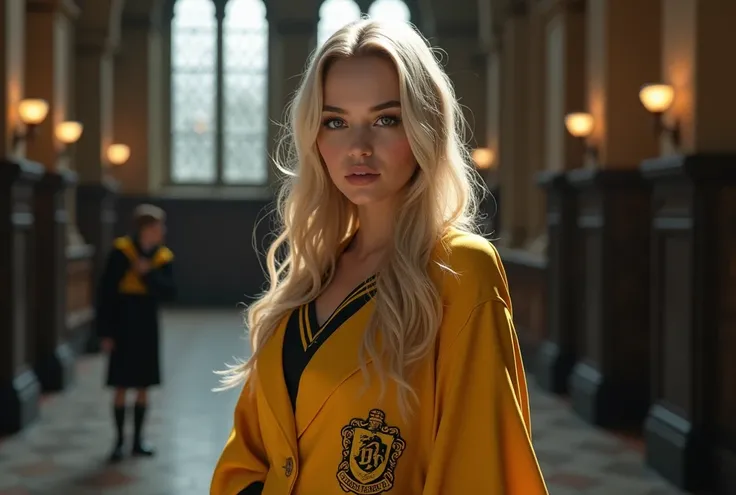 1girl, blonde long hair, beautiful detailed eyes, beautiful detailed lips, extremely detailed eyes and face, long eyelashes, heavy makeup, blush, defined contour, glowing highlighter, small waist, big butt, sexy hufflepuff uniform, hogwarts background, bes...