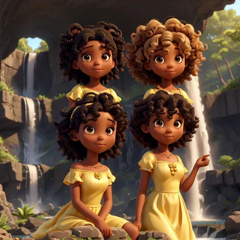 A single  ,the yellow dress,with curly hair with two side bunches,black skin, in a beautiful waterfall , and around it several passion fruits High quality, 