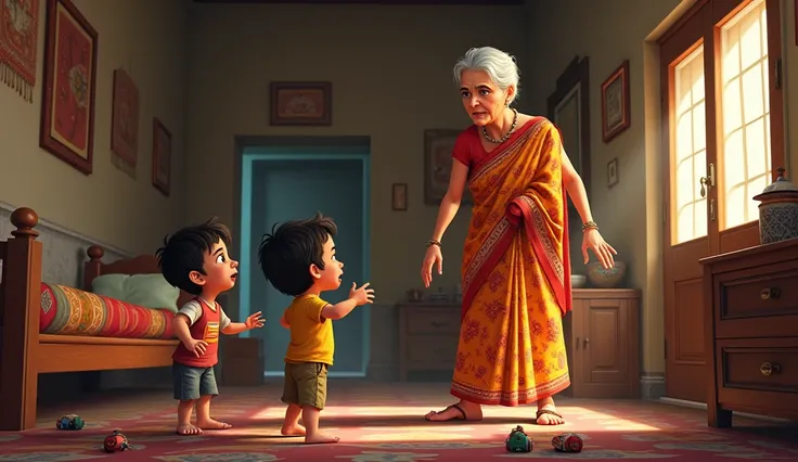 An elderly woman in a traditional sari enters the room, looking slightly stern as she watches the two boys fighting. The boys look startled as they see her. The room has Indian decor, with scattered toys and a traditional cot.