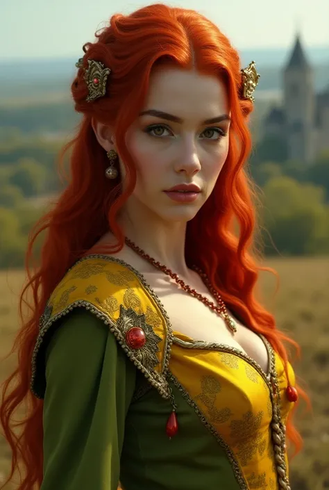 Beautiful woman with red hair wearing yellow and green game of thrones 