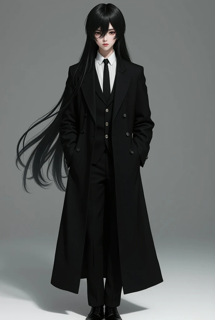 Live action Asian Teen boy with Very Long Flowing black hair, a black double-breasted suit over a White dress shirt. a thin black tie that stays tight around his neck. Pointed toe shoes and black Leather gloves. 