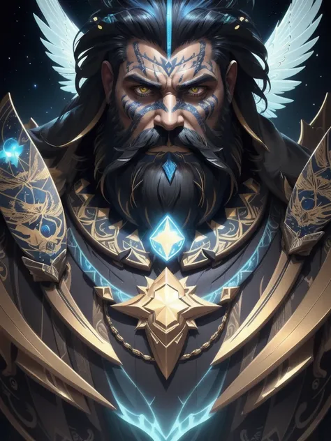 a man with large blue and gold metallic wings, a large black beard with white patches, a serious and strong face, glowing galactic eyes, a strong tattooed body with tattoos made of yellow light, detailed face, intricate wings, dramatic lighting, cinematic ...