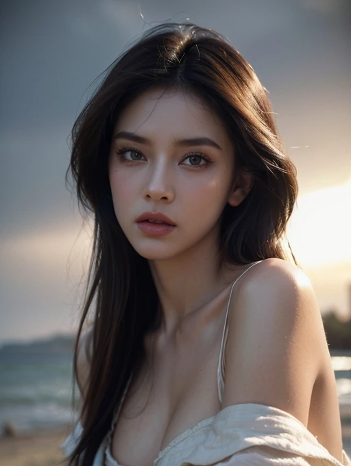 kmwld, (sharp focus:1.2), photo, attractive young woman, (beautiful face:1.1), detailed eyes, luscious lips, (cat eye makeup:0.85), (large eyes:1.0), (toned body:1.2), (1980s hair:1.2), wearing (1980s clothes:1.2) on a (beach:1.2). (moody lighting:1.2), de...