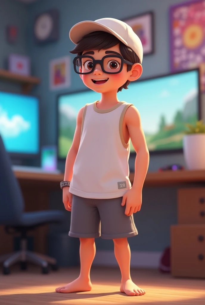 
"Disney Style" He is a 26 year old boy he is cheerful he likes to dance he is a white test,The body of semi-muscular  ,isa gorra blanca,Use rectangular glasses that are slim and have no frames,gray sports shorts and white sleeveless shirt , wears short ti...