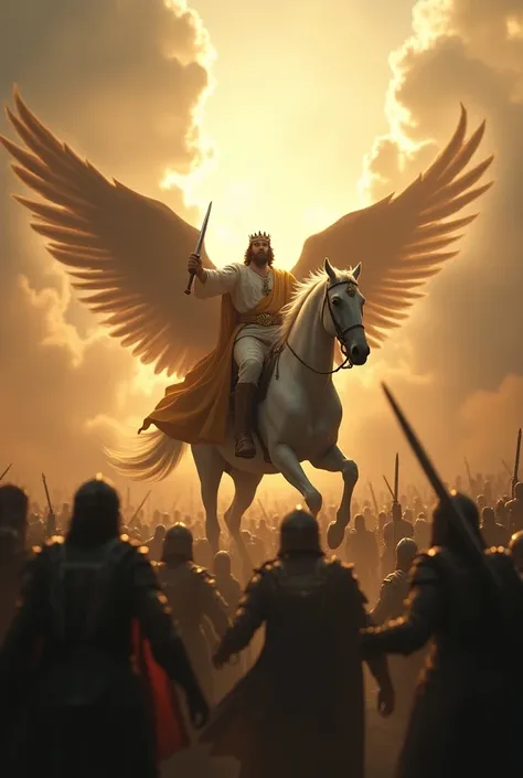 Ultra realistic image of Jesus riding on his white horse, with his kings crown on his head and sword in his hand descending from heaven through the clouds with his angels, representing his great return, cinematic and dramatic image, leaving the image of Ch...