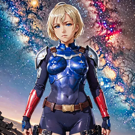 zPDXL2, source_anime,
 Milky Way Galaxy background, 
Space Armor,
fontezxl, Armor Blue Tone, 
padmexl, 1girl, solo, looking at viewer, Navy bodysuit, belt, holster, short hair, torn clothes, midriff, Platinum blonde hair, tanned skin, vibrant red iris of t...