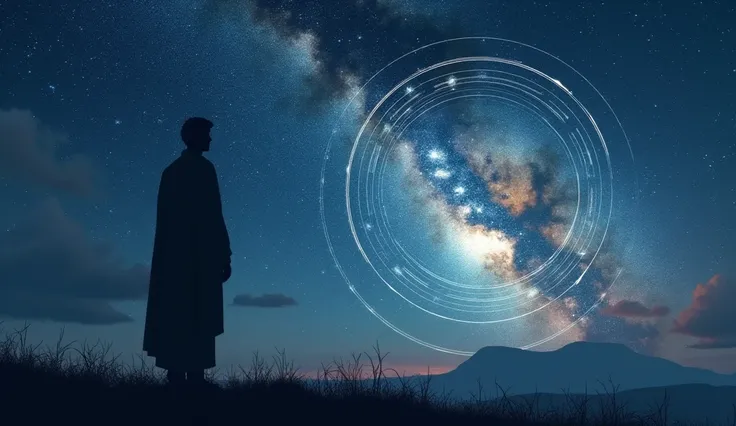 Anaxagoras Under a Cosmic Sky: Anaxagoras stands on a hill, gazing at the bright, star-filled sky on a clear night. A hologram of the planets and their orbits floats before him, representing the cosmos in motion. His face reflects a mix of awe and contempl...